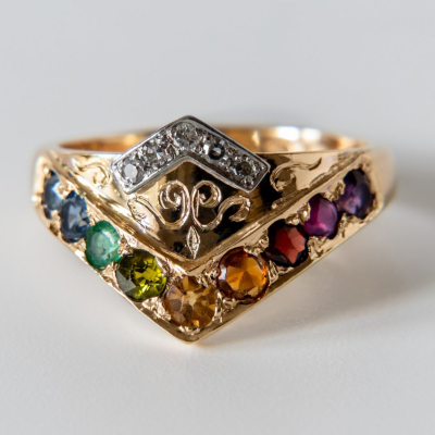 Navratna Nine Gemstone Ring in 18K Yellow Gold with Diamond Accents for Puja