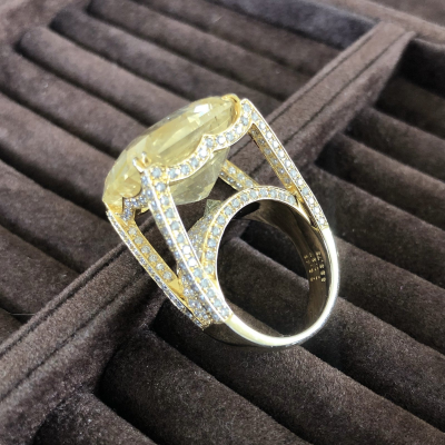 Yellow Sapphire Pukhraj Ring in 18K Gold with Diamond Side Stones 3 Carat Centre
